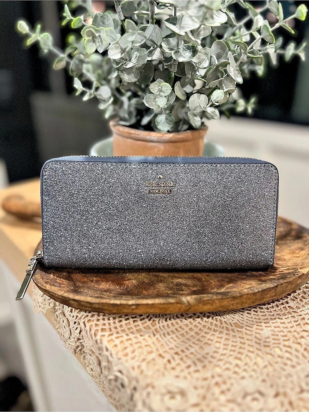 Kate Spade Glitter Zip Around Wallet in Gray Like New
